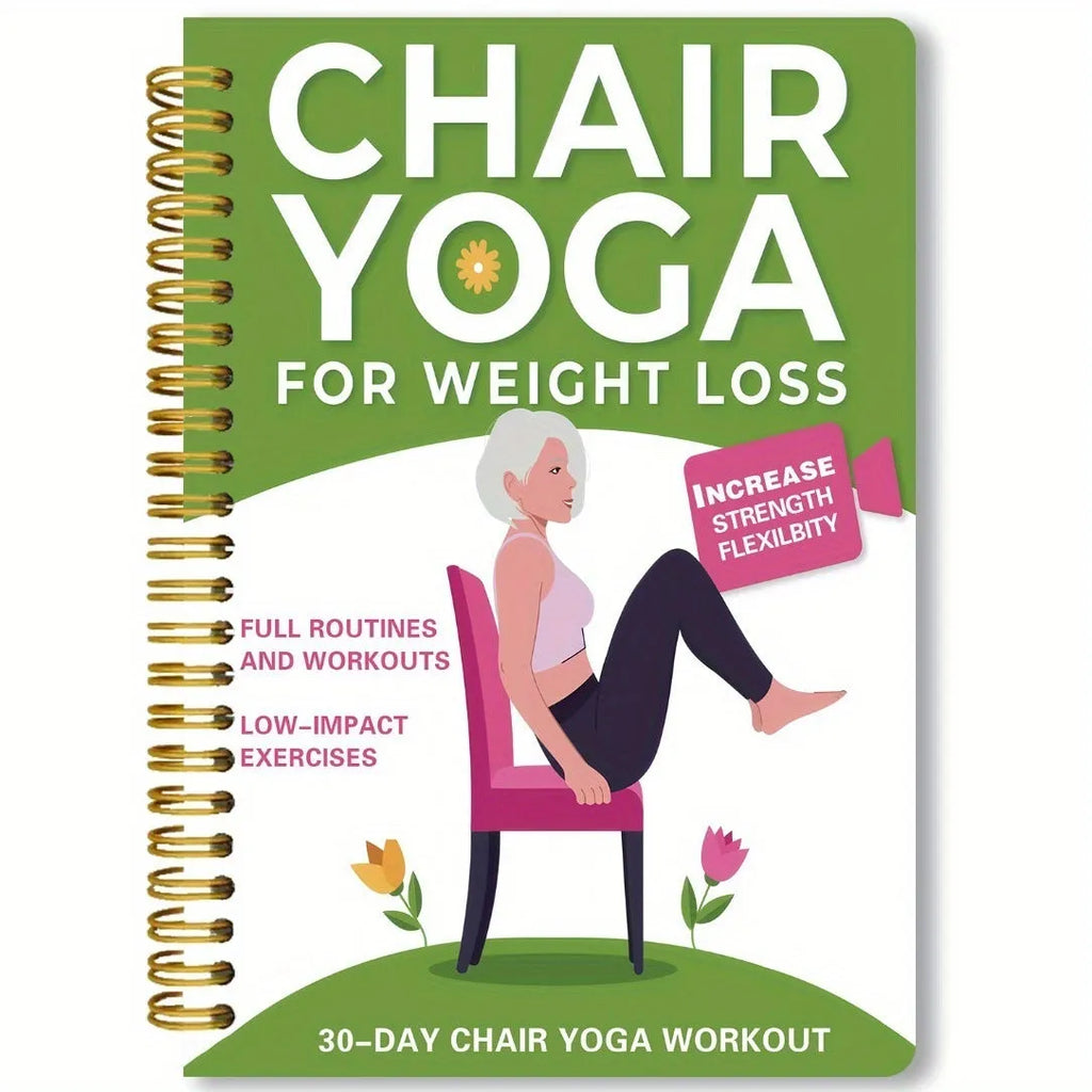 Green coil-bound 30-day chair yoga training guide notebook with calendar layout on a desk