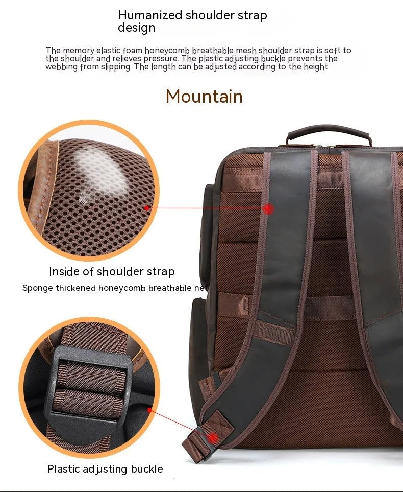 Dark brown retro leather backpack for 17-inch laptops with multiple compartments and shoulder straps