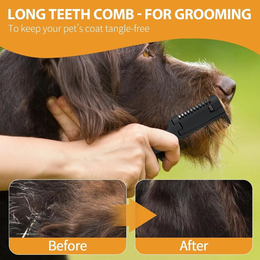 Silver 2-in-1 dog and cat razor comb with comb teeth and trimming blade, shown with spare blades.