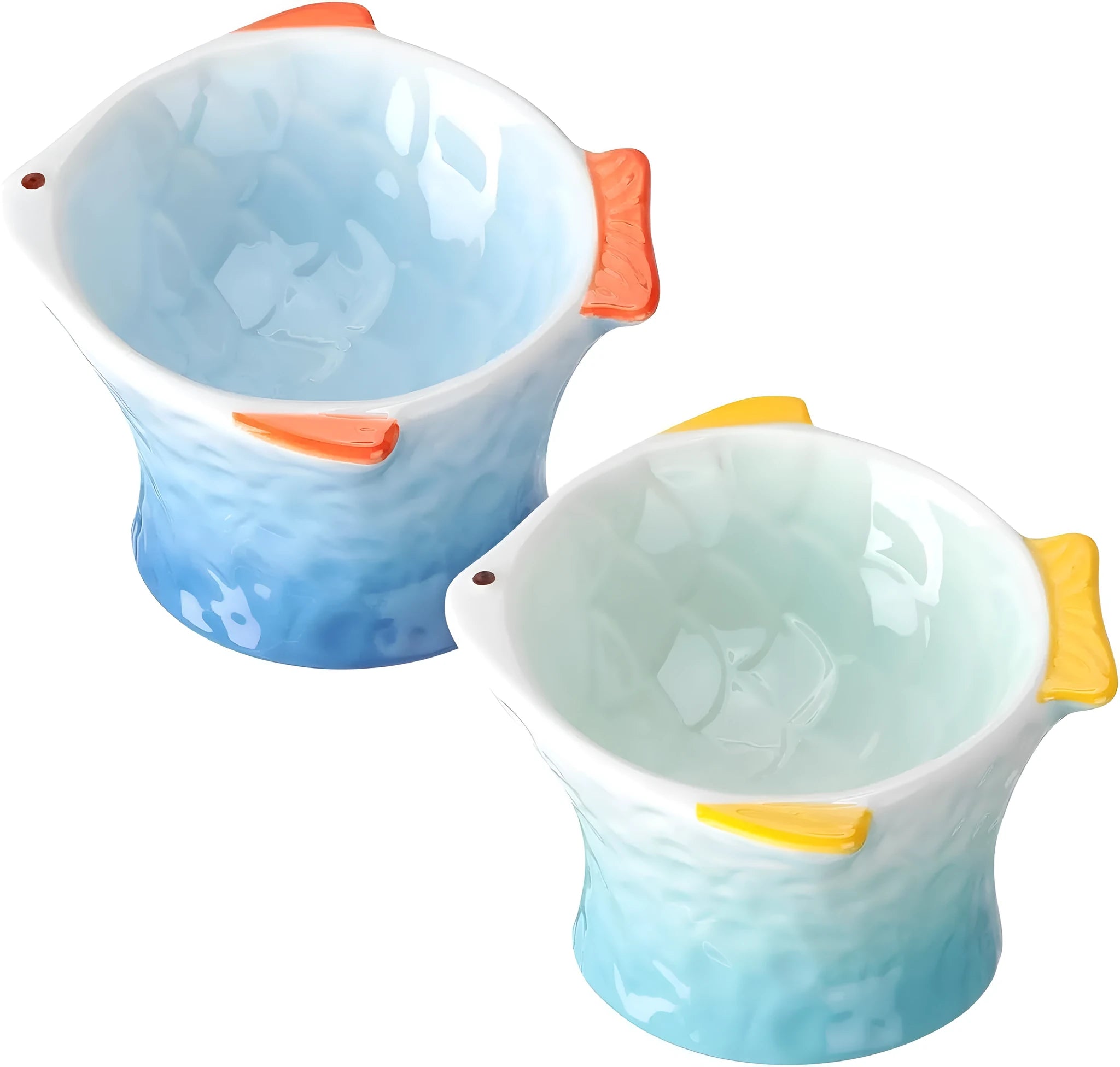 Blue ceramic fish-shaped cat feeder bowl with a tilted, elevated design on a non-slip base.