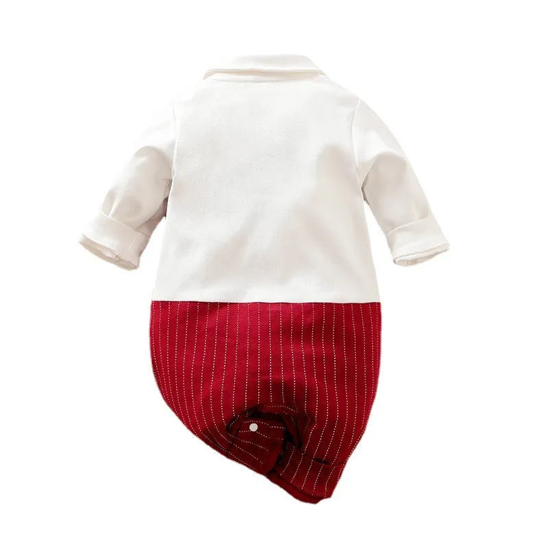 Wine red cotton baby boy romper with long sleeves for autumn wear