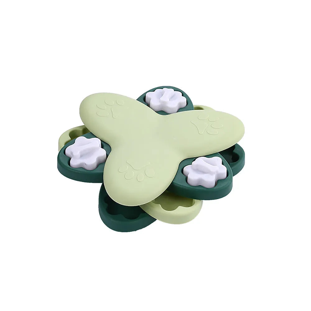 Dog puzzle toy slow feeder with nine compartments and bone covers, green, on non-slip base
