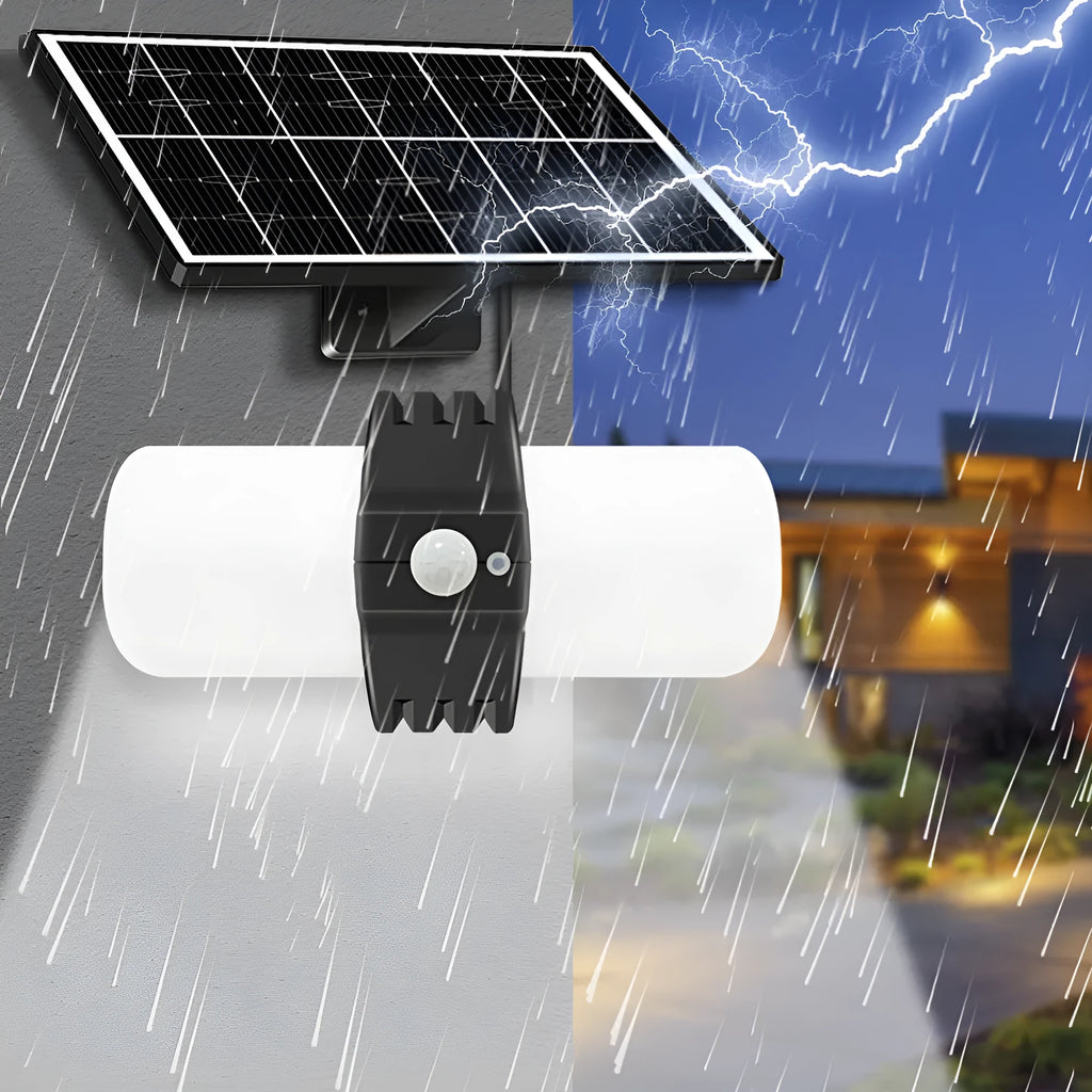 Black solar floodlight with three lighting modes, IP65 outdoor sensor light, 8W, measuring 21.2cm by 18.4cm by 13.8cm