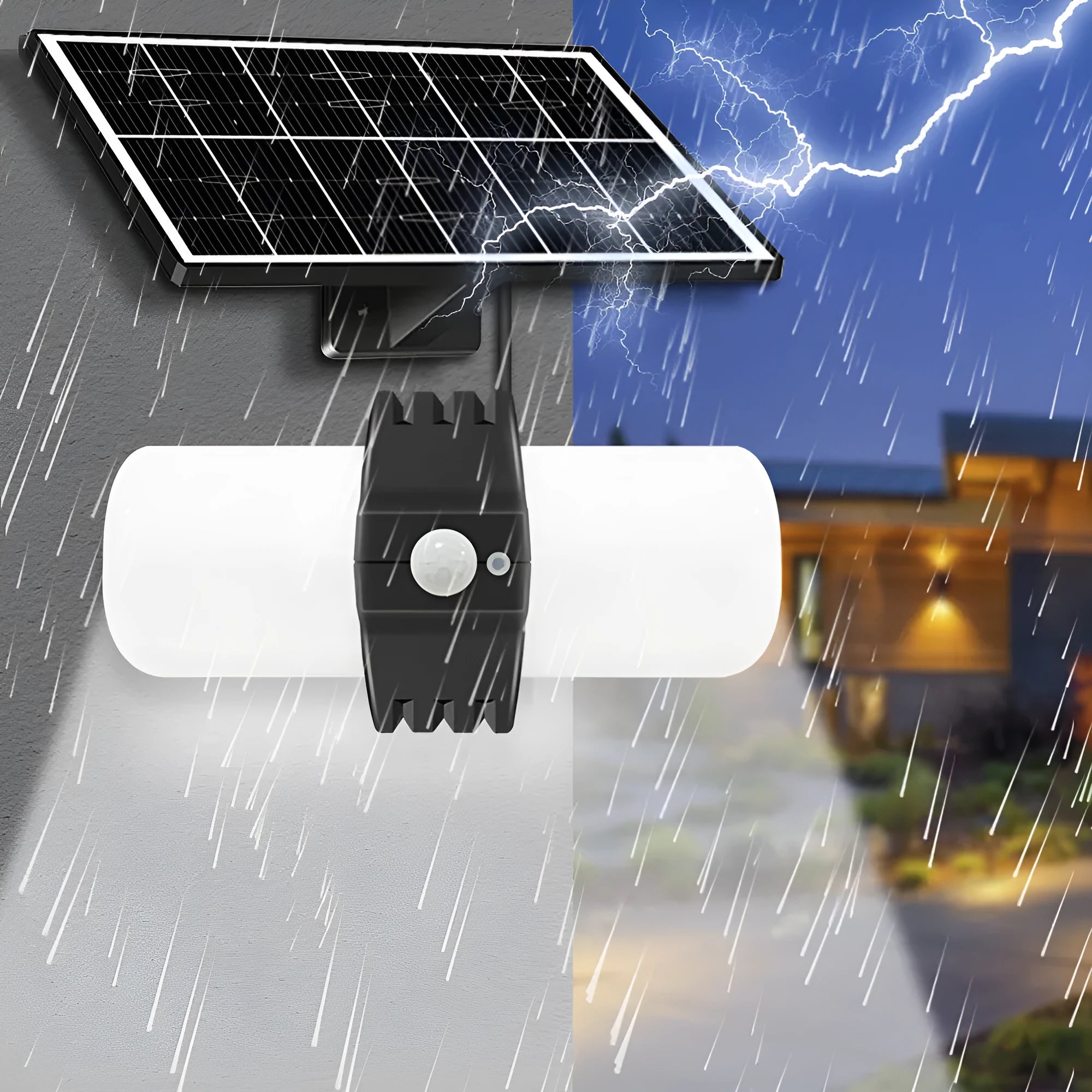 Black solar floodlight with three lighting modes, IP65 outdoor sensor light, 8W, measuring 21.2cm by 18.4cm by 13.8cm