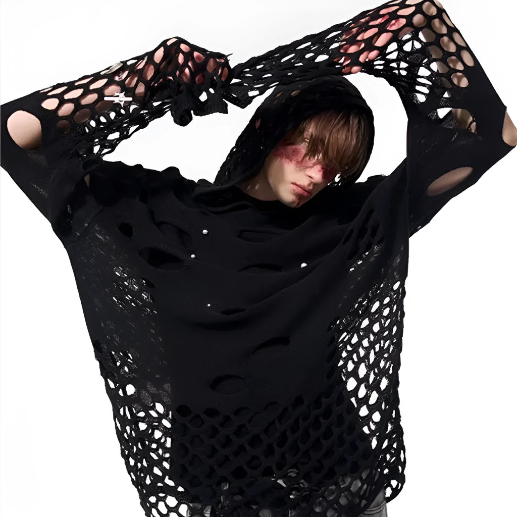 Men's loose fit black hooded sweater with pearl decoration on the front.