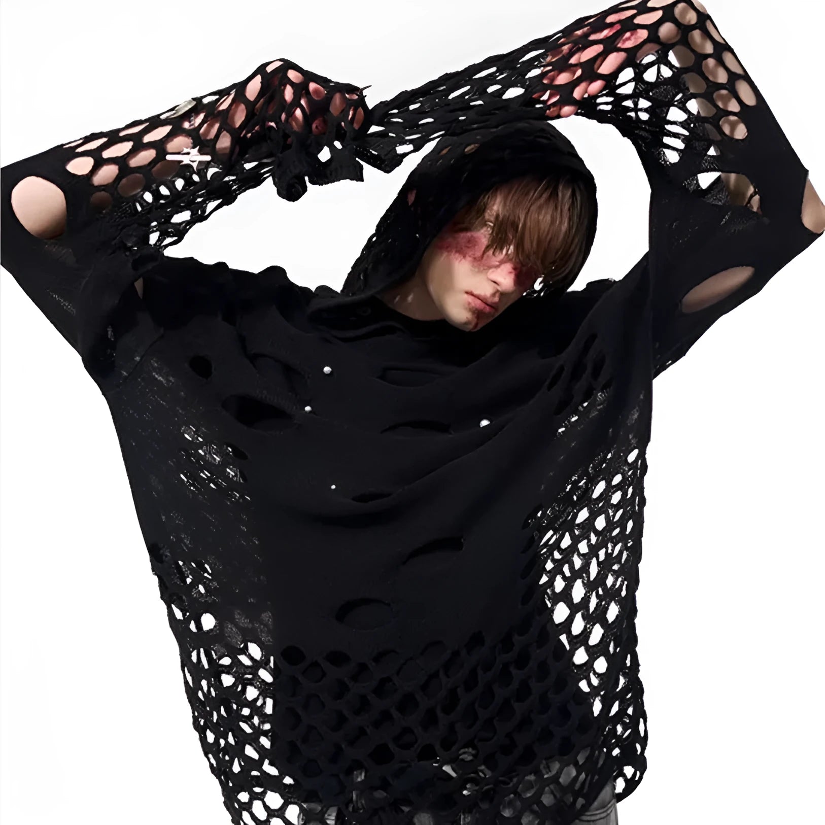 Men's loose fit black hooded sweater with pearl decoration on the front.