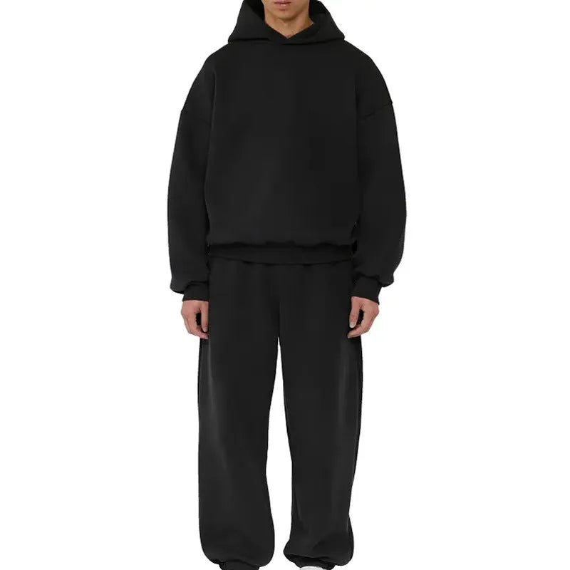 Men's solid colour fleece-lined cotton pullover sweatshirt hoodie with wool lining.