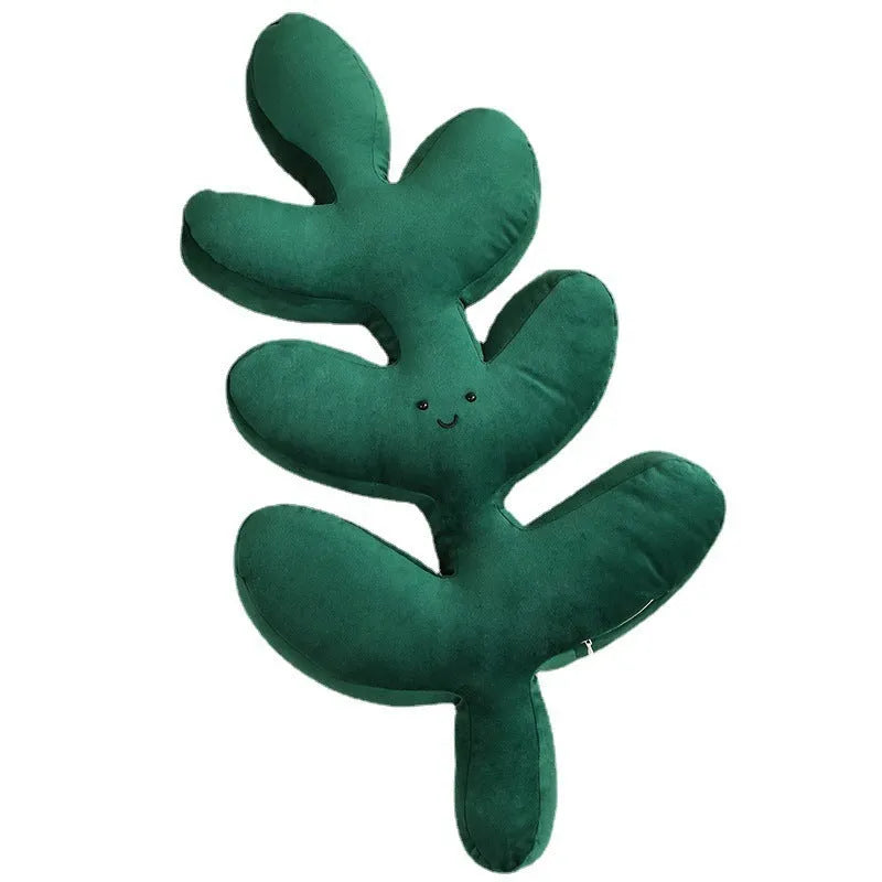 Green plant pillow with embroidered philodendron leaves on plush fabric, 52x44cm large size