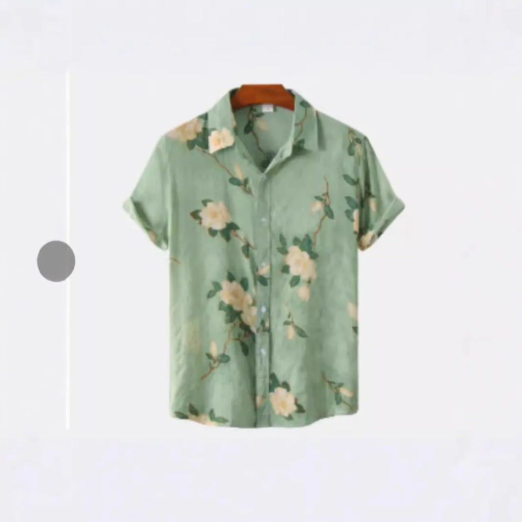 Hawaiian floral print short sleeve cardigan shirt with lapel collar in an elastic polyester fabric.