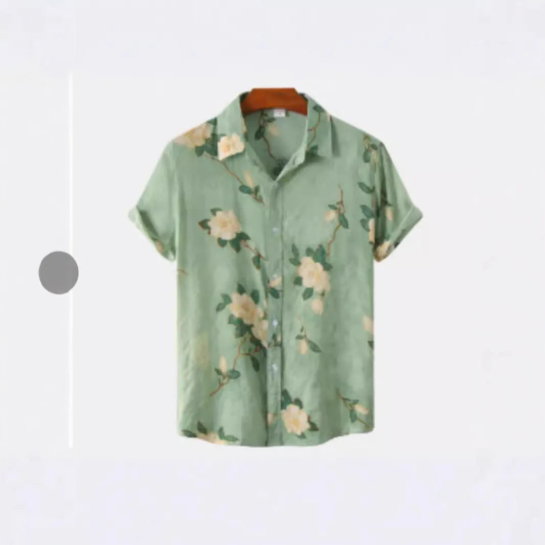 Hawaiian floral print short sleeve cardigan shirt with lapel collar in an elastic polyester fabric.