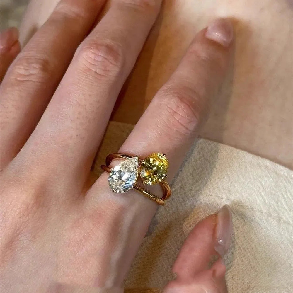 Women's geometric open ring with water drop contrast colour and zircon embellishment