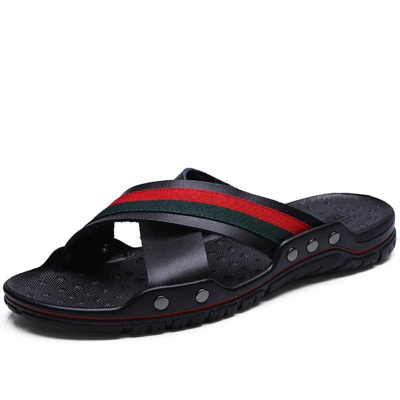 Men's cowhide leather beach flip-flop sandals in black, blue, or white with non-slip PU sole