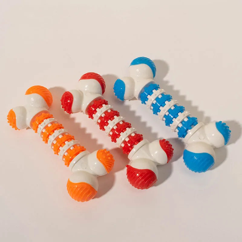 Blue, orange, and red bone-shaped interactive dog toy with treat holder for small breed dogs