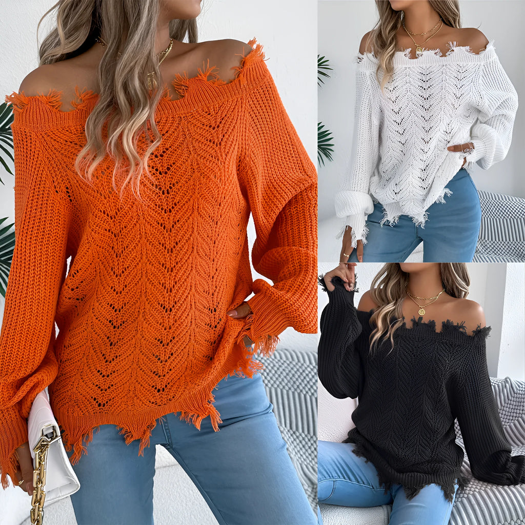 Hollow-out cut off-the-shoulder pullover sweater in artificial wool fabric available in white, orange and black colours