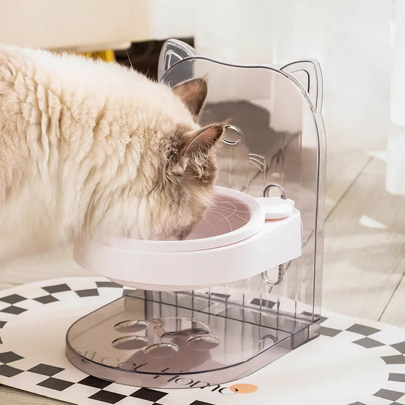 Grey cat feeding bowl with anti-spill cat ears design and removable hanging cage