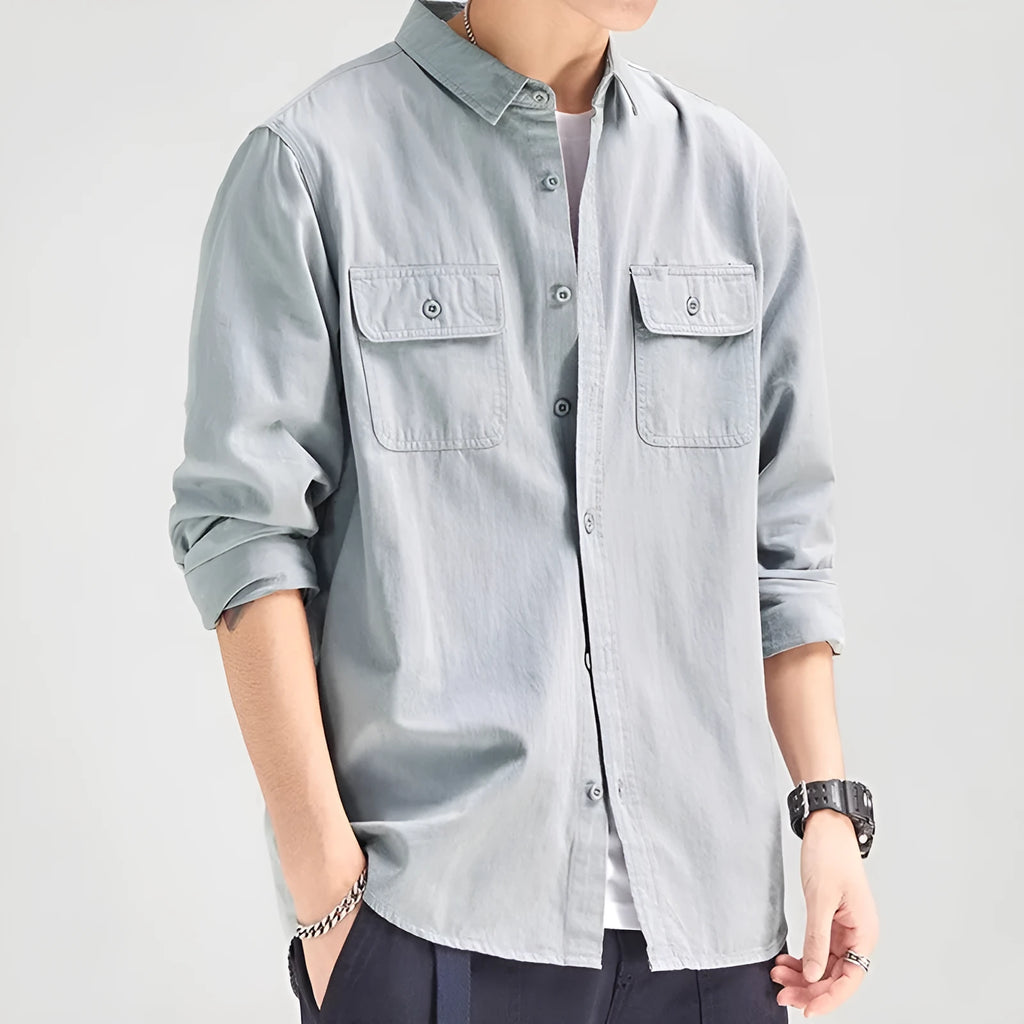 Men's loose fit long sleeve cardigan shirt in polyester fibre showing light grey colour option
