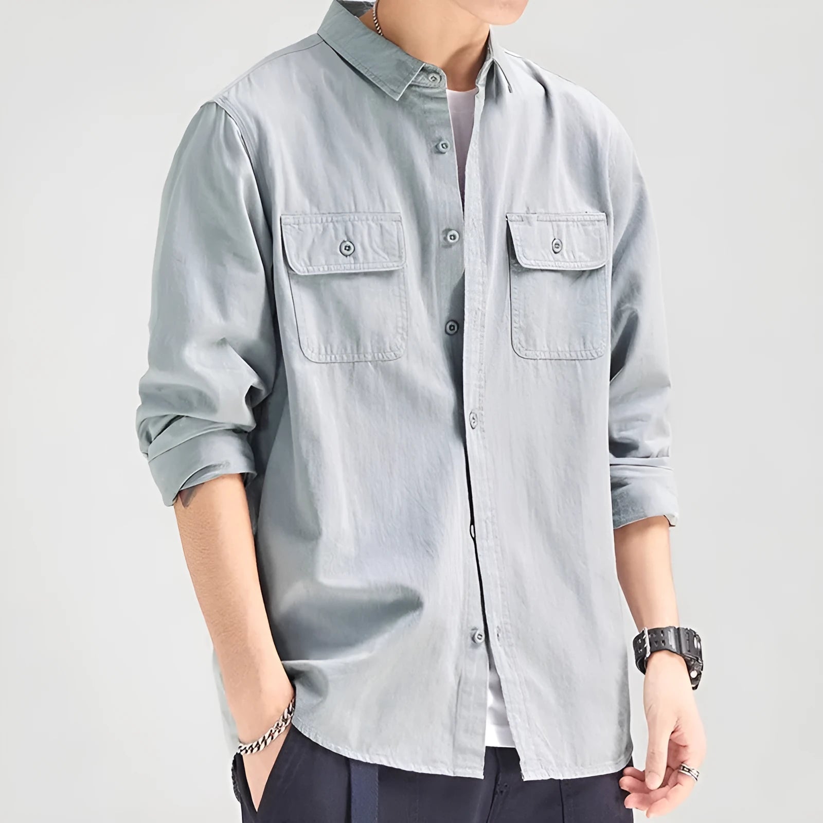 Men's loose fit long sleeve cardigan shirt in polyester fibre showing light grey colour option