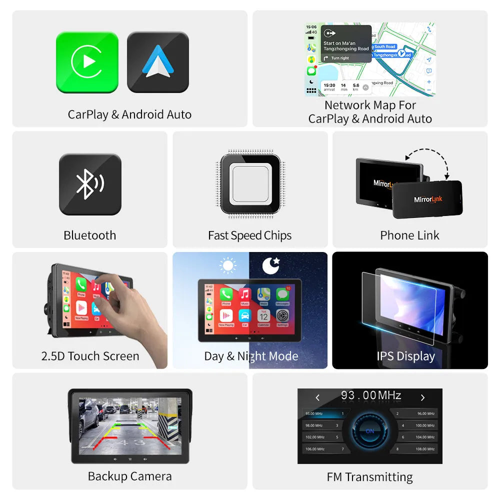 7-inch wireless CarPlay display with universal suction cup mount and cigarette lighter power adapter