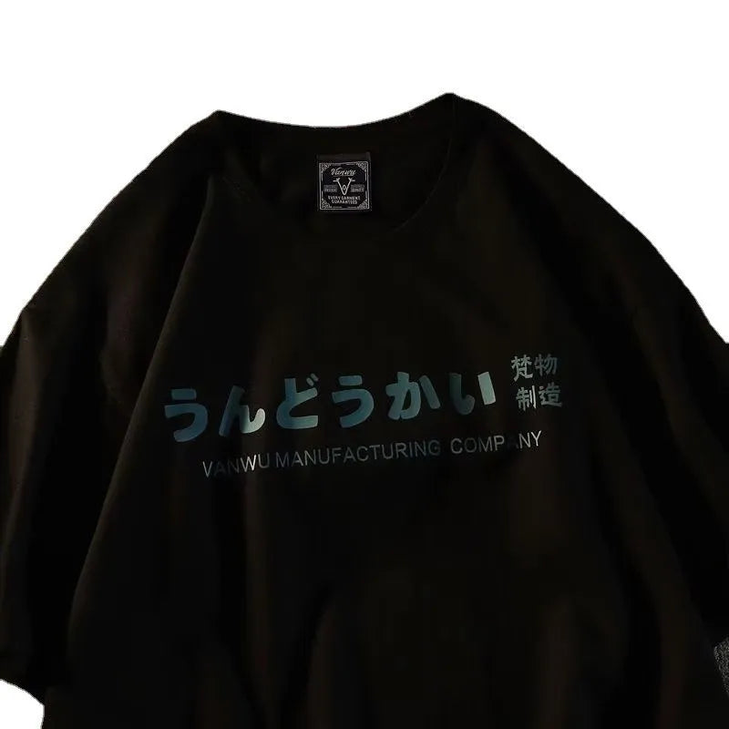 Pure cotton loose-fitting short sleeve T-shirt in black, white, and dark grey with letter pattern and regular sleeves