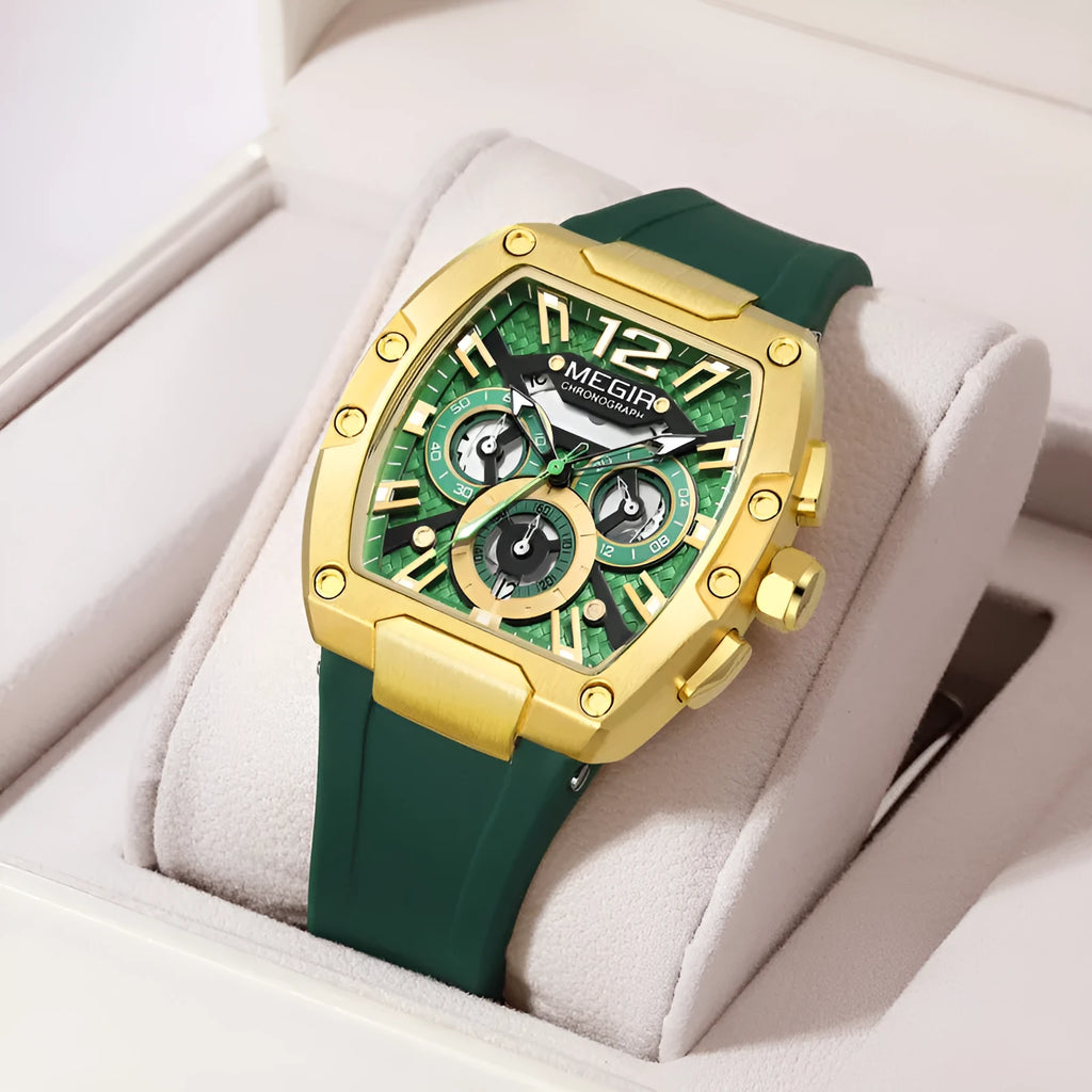 Wine Barrel men's multi-function sports watch with gold case and black strap, 44mm dial