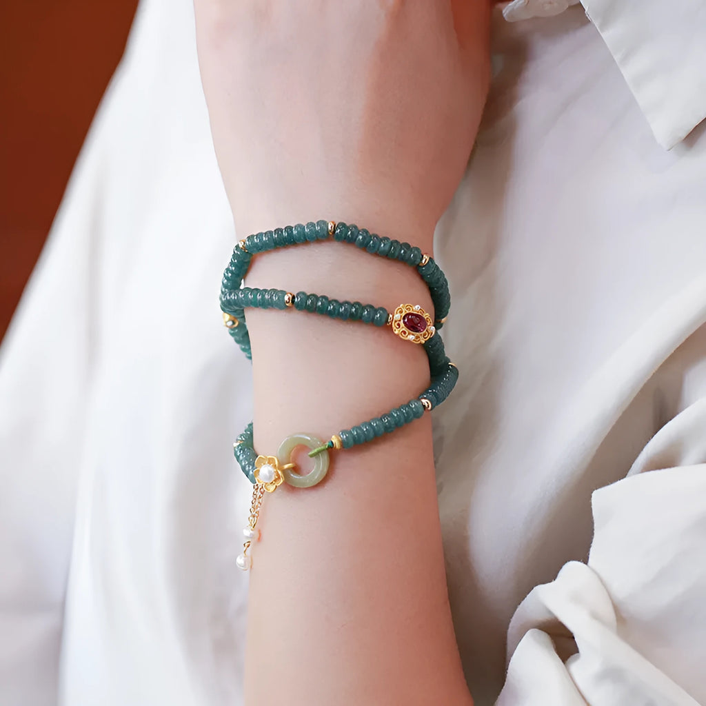 Natural blue water jade abacus beads bracelet with tourmaline and pearl three rings design, beads under 4mm