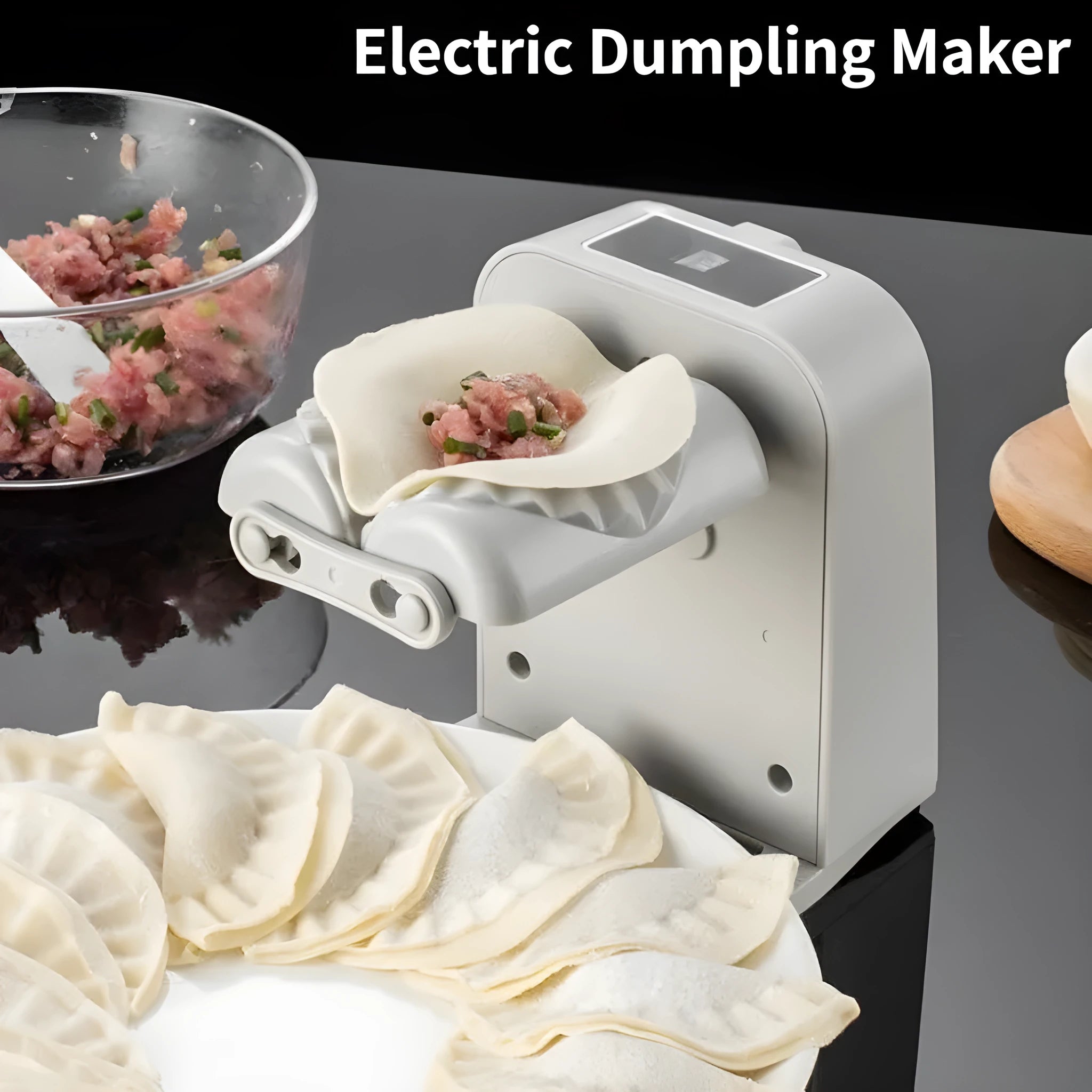 White electric automatic dumpling maker machine with USB power cord and accessories