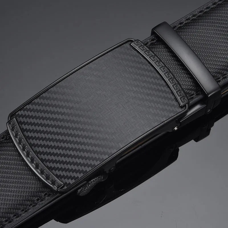 Men's two-layer cowhide click belt with glossy alloy rectangle buckle, striped embossed pattern, available in black in multiple lengths.