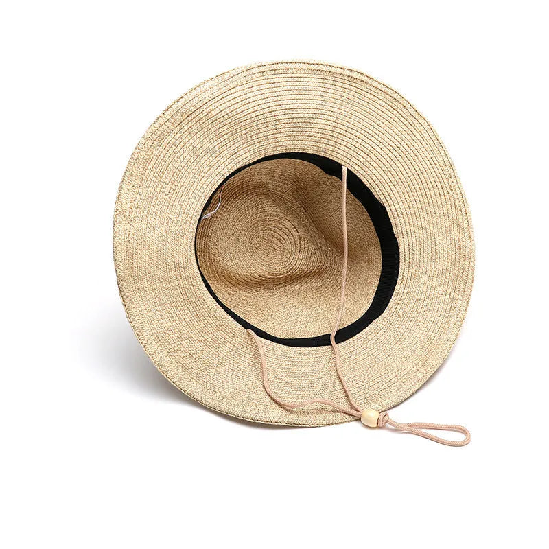 Men's foldable straw sun hat with wide brim in beige colour shown folded and unfolded