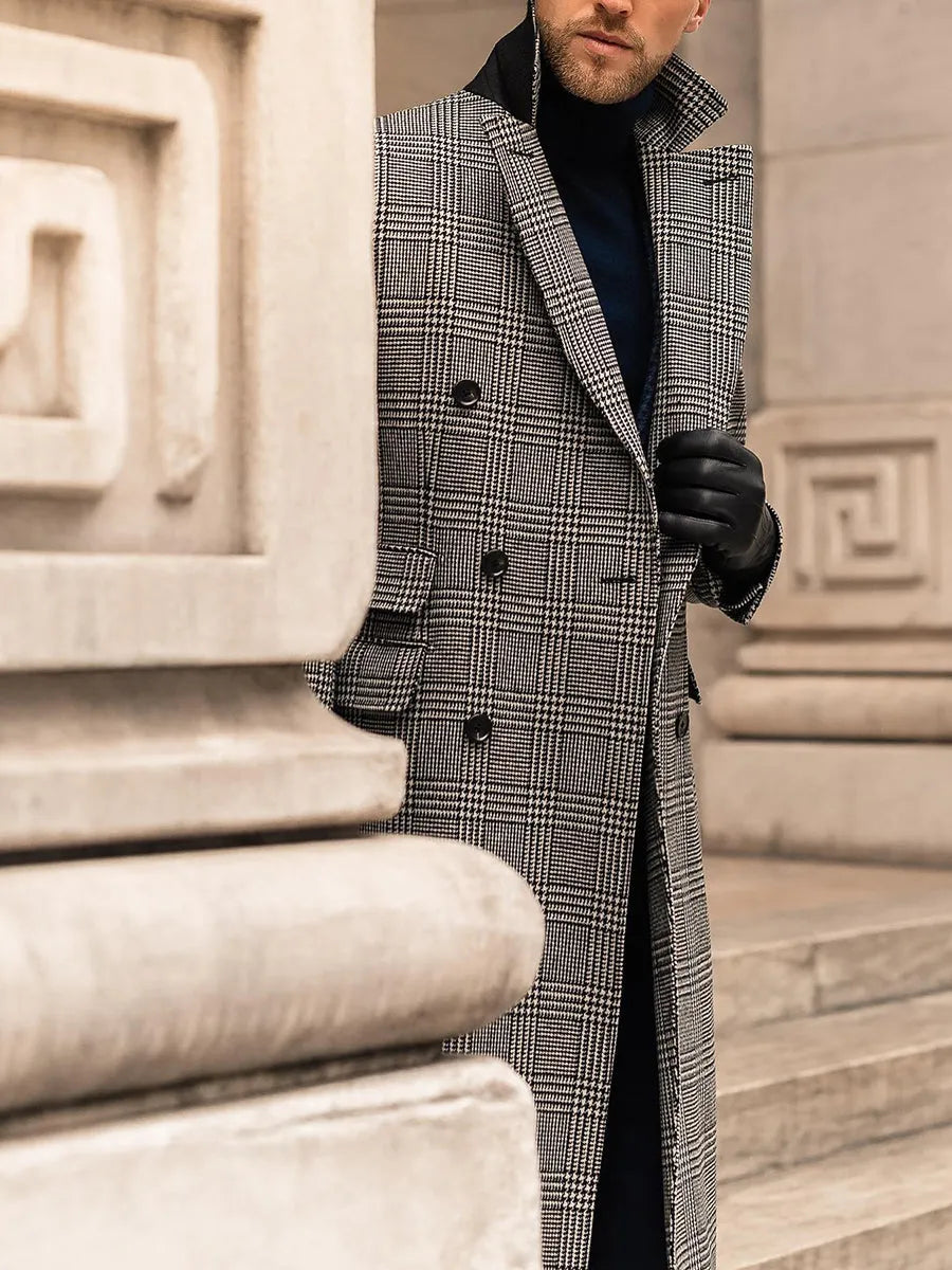Grey check double breasted wool overcoat with suit collar and horn clasp, medium length men's winter coat