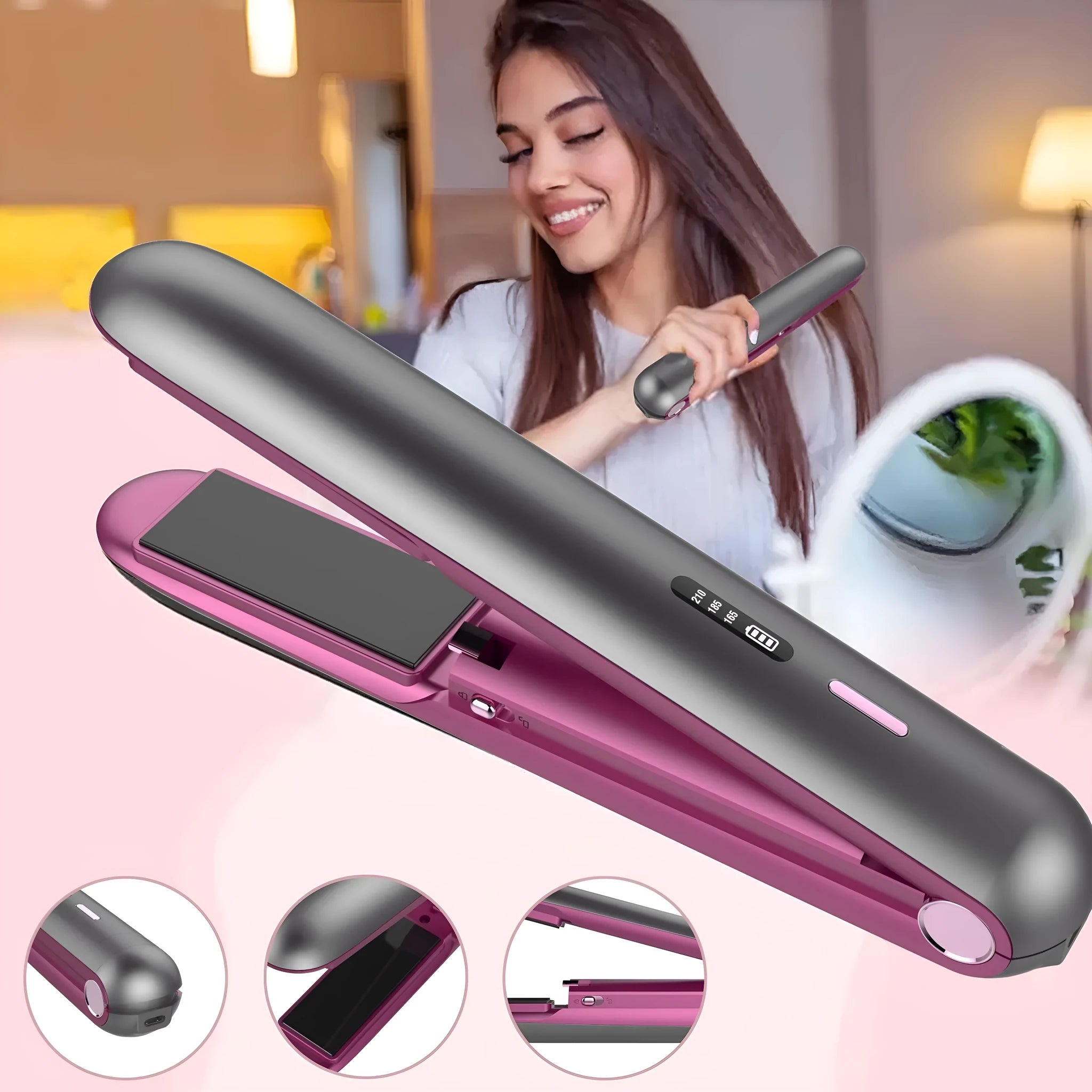 Moon shadow grey wireless hair straightener with tourmaline ceramic plates and temperature control settings