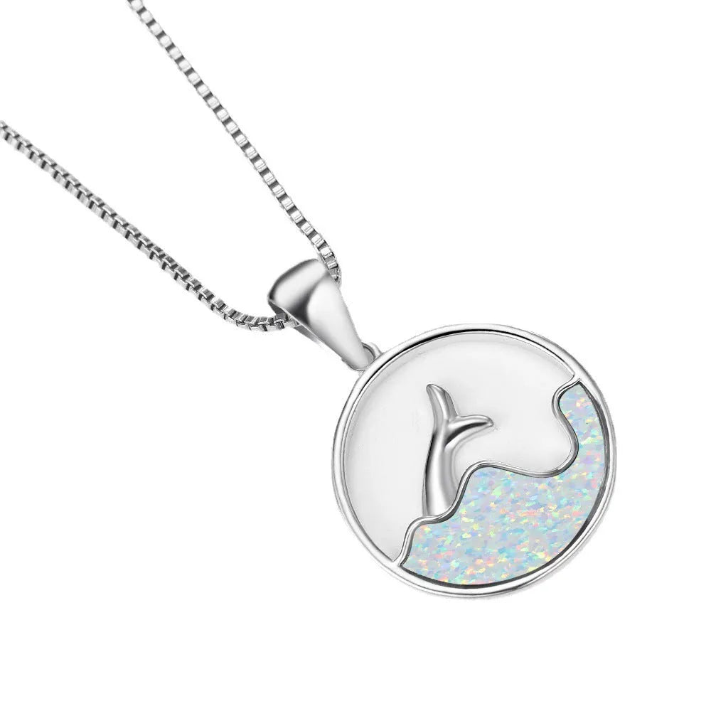 White gold electroplated copper fishtail necklace with geometric design and round opal elements