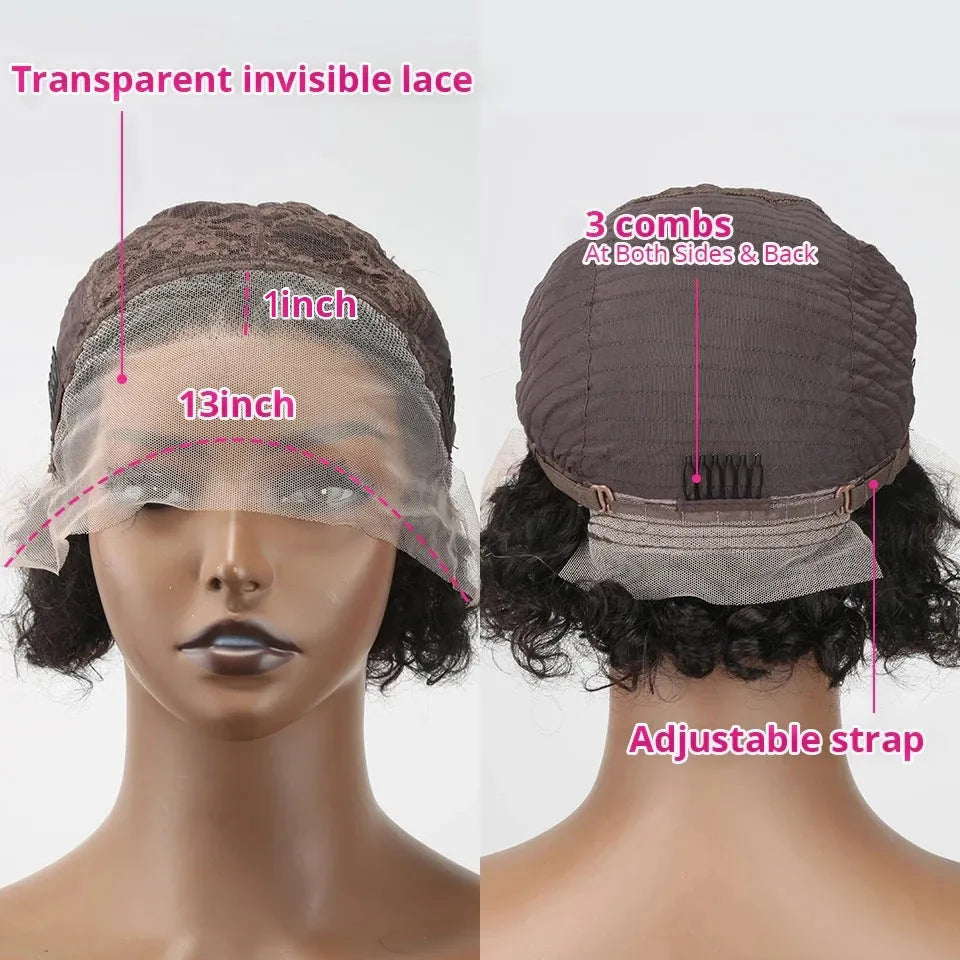 Human hair lace front wig in 13x1 dark brown with pixie cut and black lace hair cover
