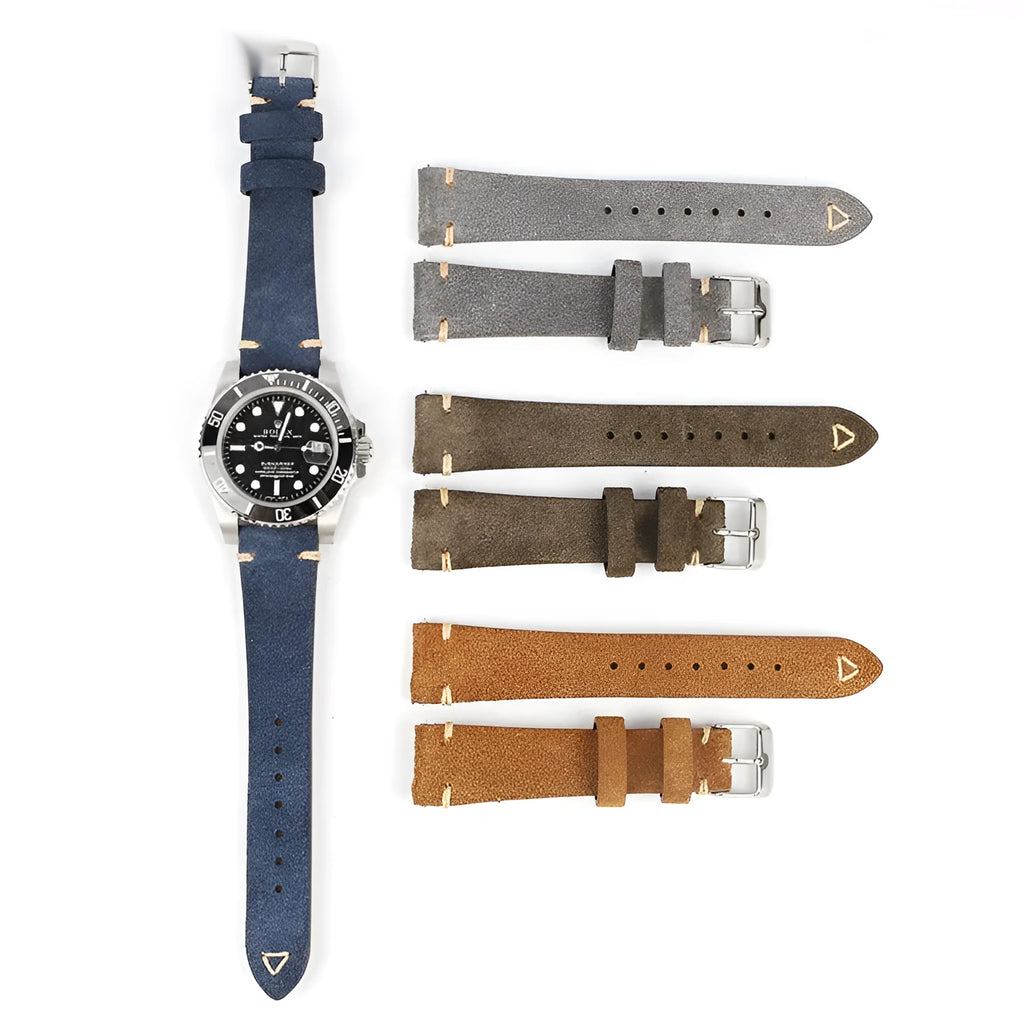 Genuine suede leather watch strap in ethnic style, shown in brown, blue, grey, Army Green colours for 20mm and 22mm widths.