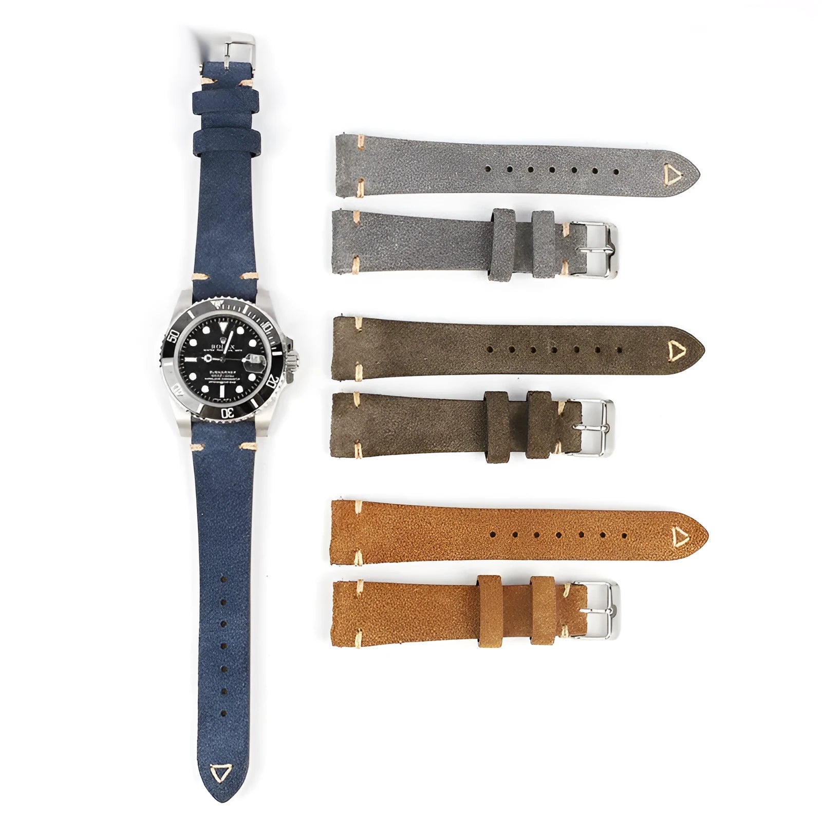 Genuine suede leather watch strap in ethnic style, shown in brown, blue, grey, Army Green colours for 20mm and 22mm widths.
