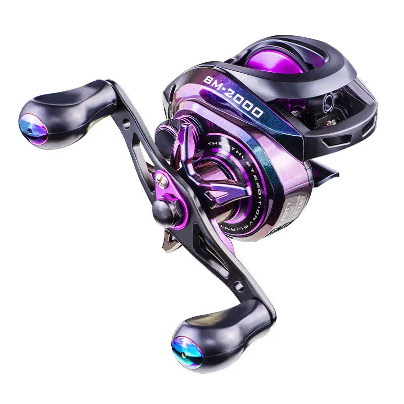 BM2000 fishing reel with colourful water drop design and magnetic brake system