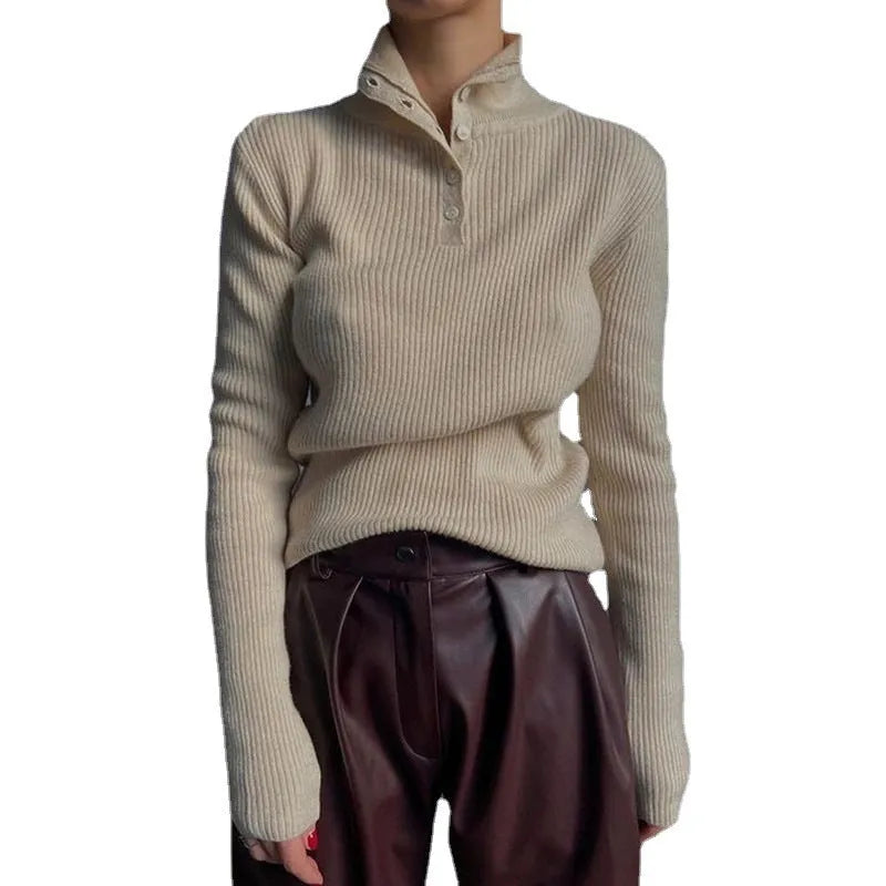 Retro half turtleneck pullover sweater in slim fit with single-breasted placket