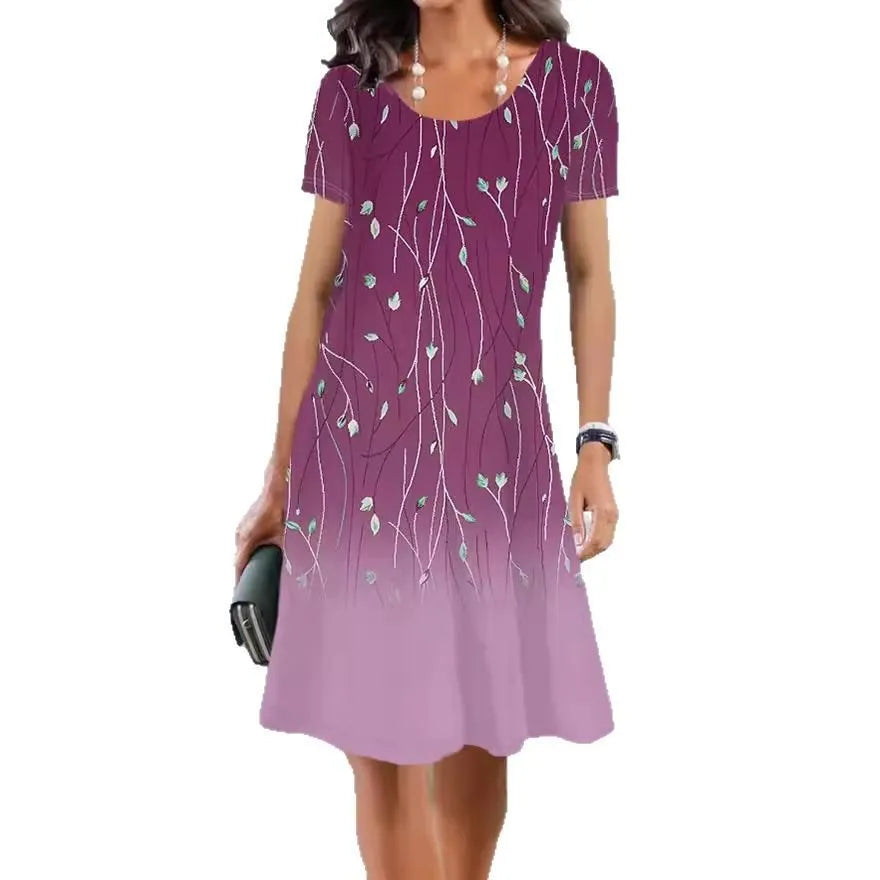 Ice silk floral print midi dress with A-line skirt and short sleeves on a hanger