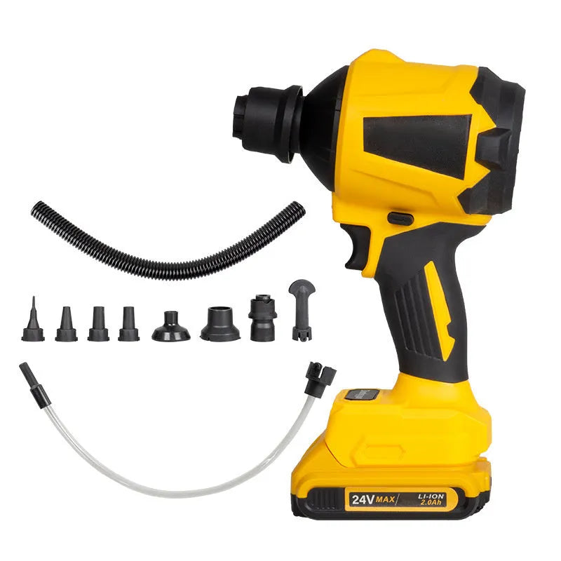 Yellow cordless dust gun with 680W power rating and 18V lithium battery for office cleaning applications
