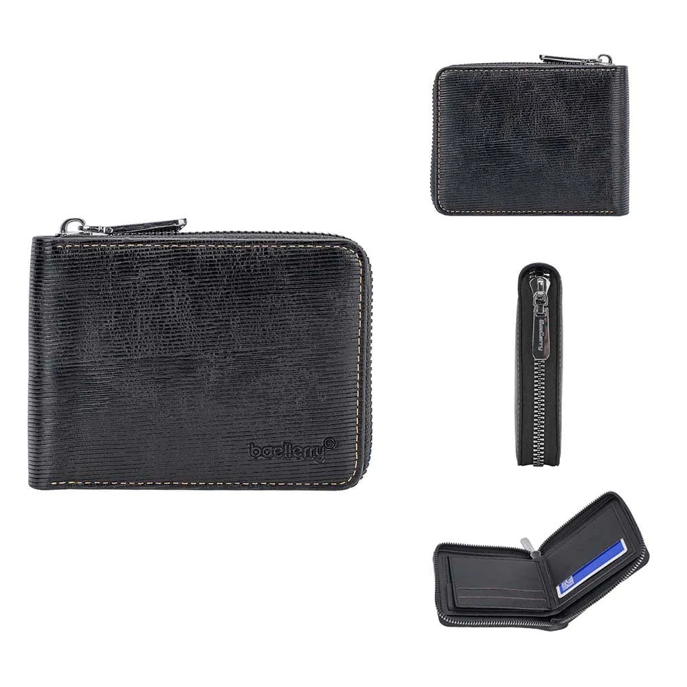 Solid colour PU anti-theft zipper wallet with embossed pattern in black