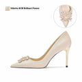 Women's crystal rhinestone wedding high heels with pointed toe, shown in stiletto and cat heel styles.