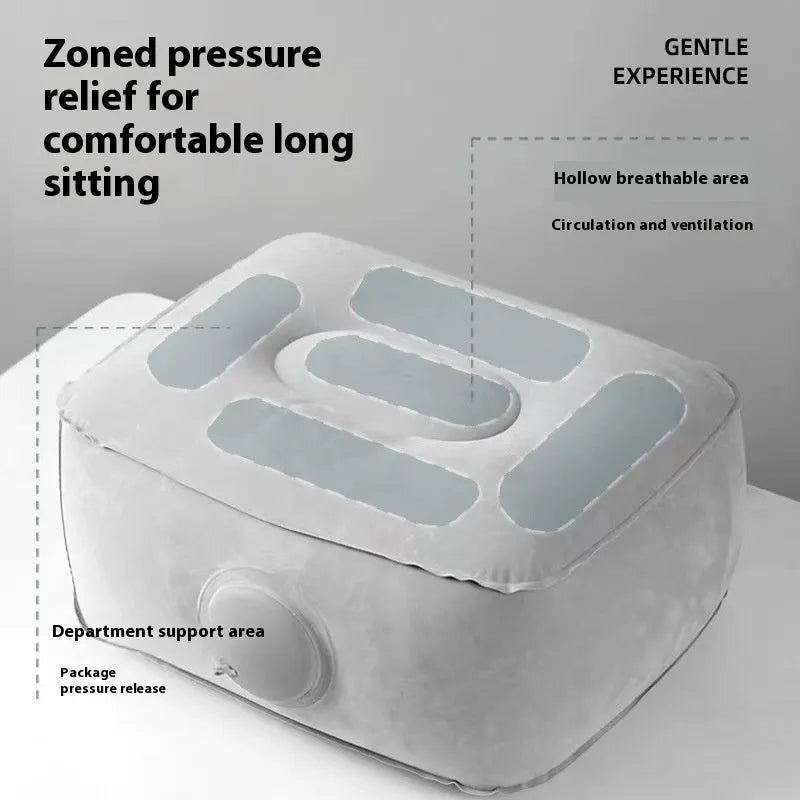 Portable press inflatable seat cushion with flocking surface folded and deflated on a table