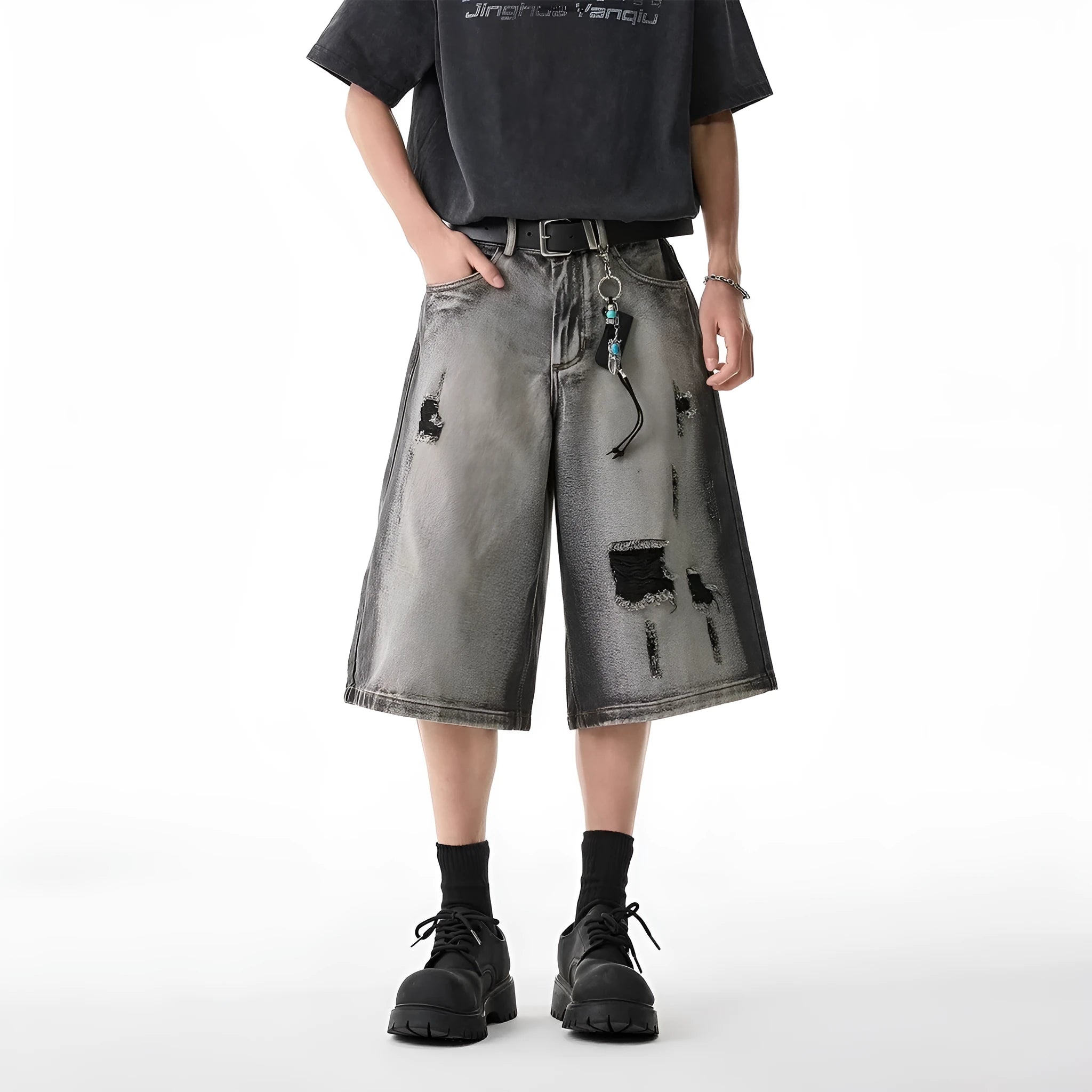 High Street loose fit cotton denim shorts in gray with water washed hole detail for summer