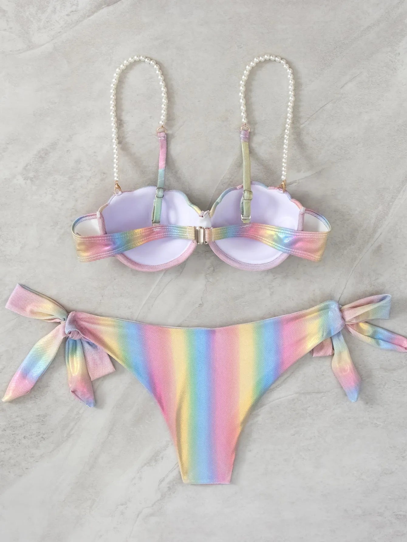 Women's shell rainbow bikini split tied swimsuit with polyester fabric, side ties, and matching top and pants