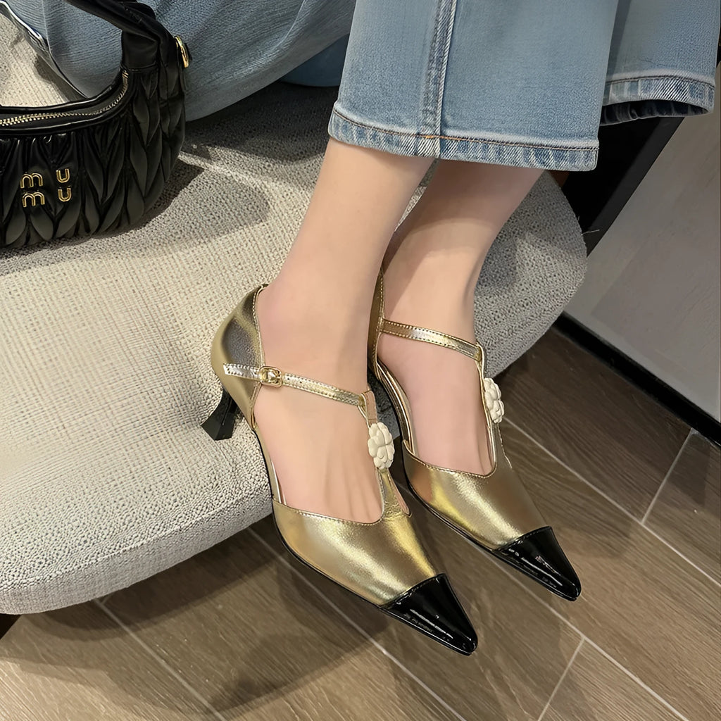 Women's pointed toe stiletto heel shoes with flower buckle decoration in shallow mouth cut style