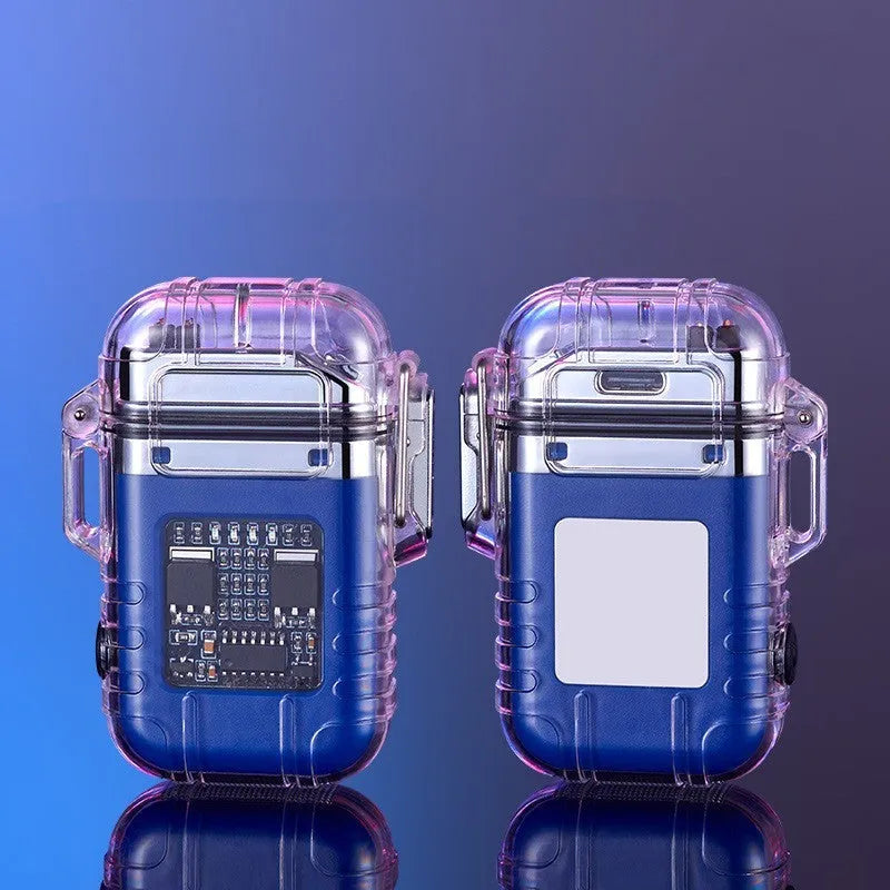 Transparent plastic double arc lighter with detachable clip, Type-C port, and button in black colour