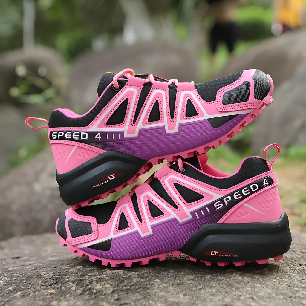 Off-road outdoor climbing boots with non-slip rubber sole and mesh fabric upper, available in purple and gray