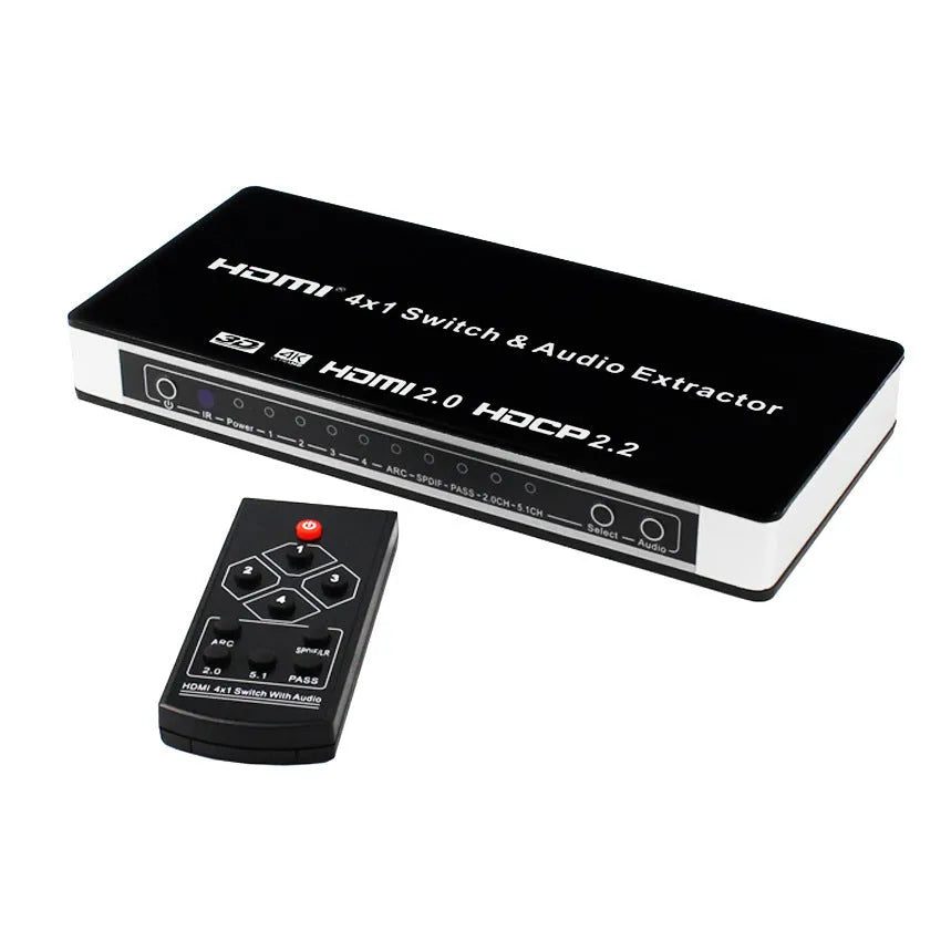 Black HDMI video switch with four inputs and one output, remote control, and power adapter