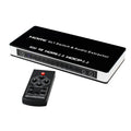 Black HDMI video switch with four inputs and one output, remote control, and power adapter