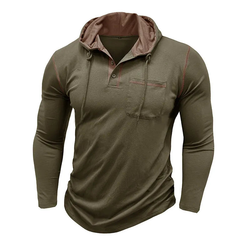 Men's long-sleeved hooded Henley shirt in wine red, showing pullover style and Hoodie neckline