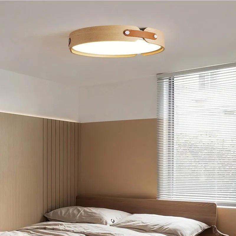 Japanese creative walnut bedroom ceiling lamp with wooden shade and PMMA lampshade, available in 42cm and 56cm